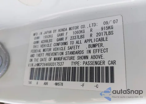 2008 Honda Accord 2.4 Lx-P из США, поврежденный, VIN JHMCP26468C017537